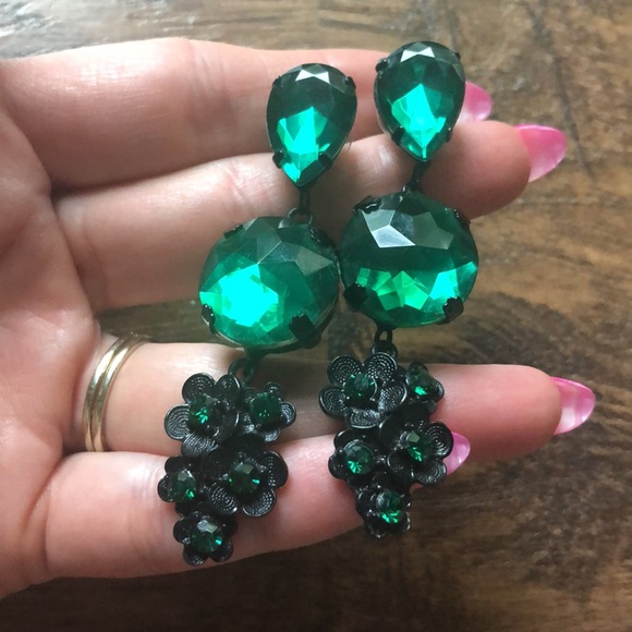 Green Emerald Gem Bejeweled Floral Earrings - Picture 1 of 4